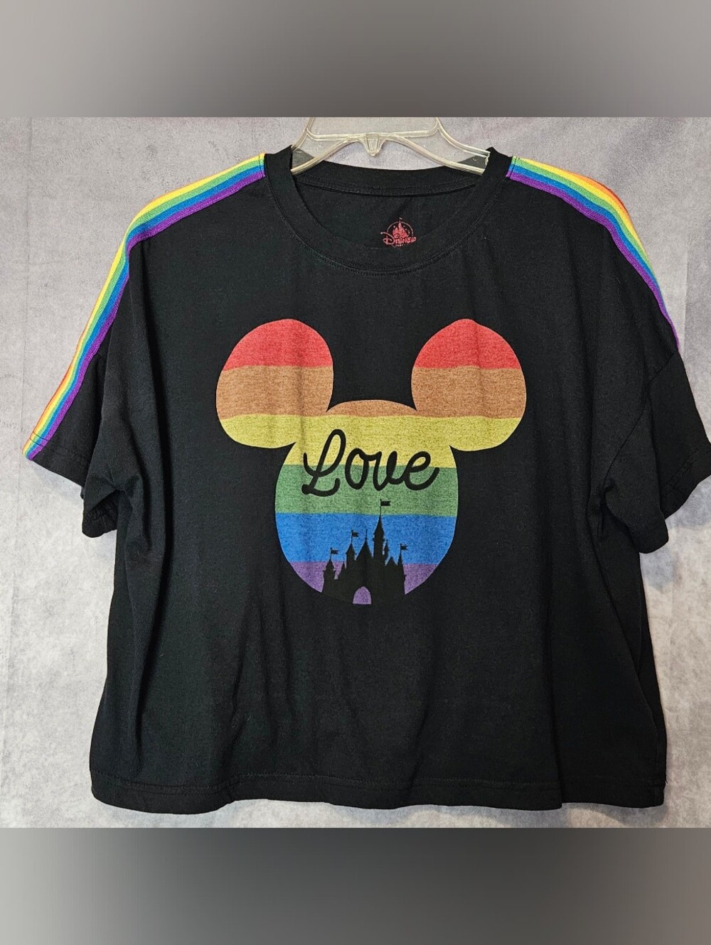 Disney Parks Pride Rainbow Mickey Mouse Castle Love Crop Shirt T Shirt Womens L